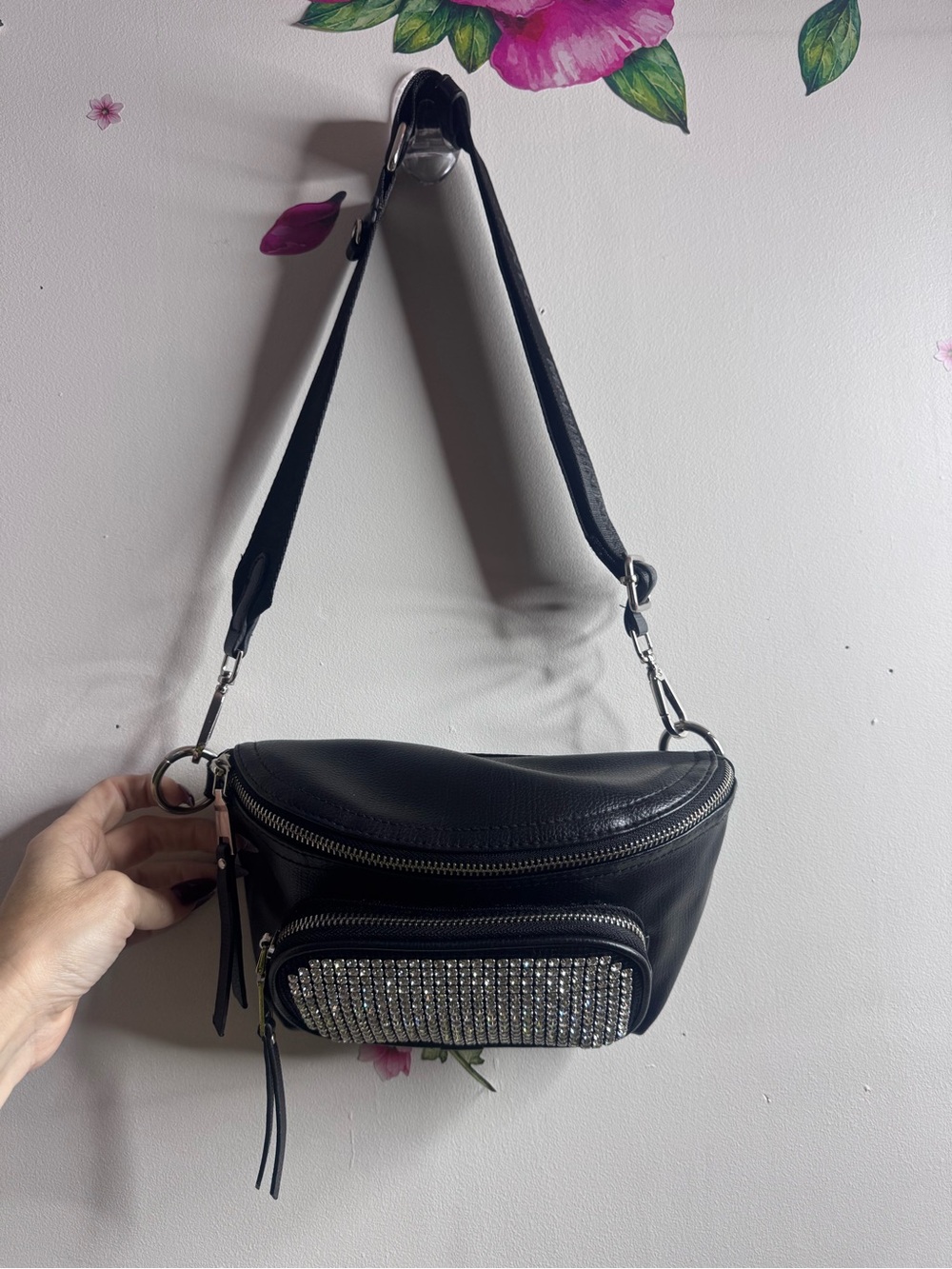 Steve Madden Black Rhinestone Accent Leatherette Crossbody Belt Bag